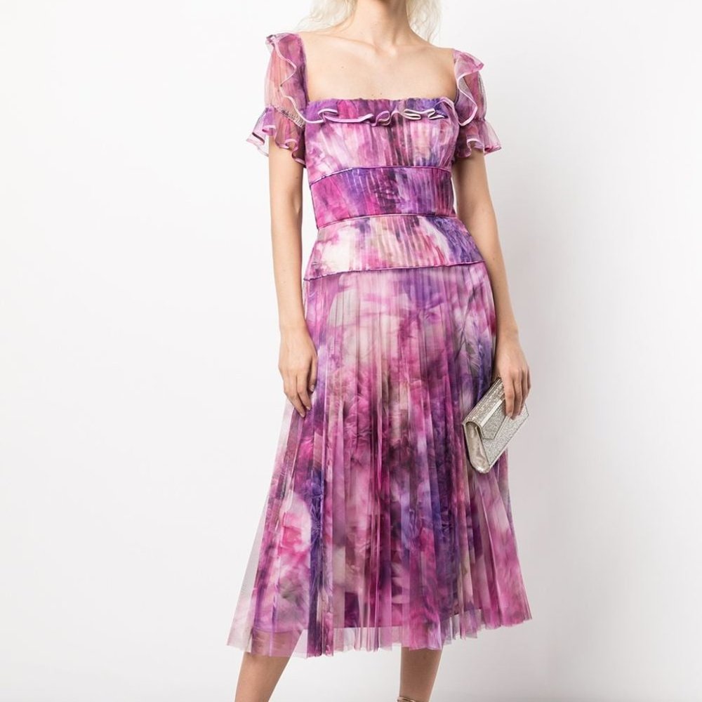 Marchesa Notte Purple Pleated Chiffon Midi Dress Size 4